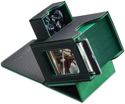 Card Deck Box for MTG Commander - Patented Design, Commander Display, Fits 100 Double-Sleeved Cards, 35pt Card Brick & Dice Tray - Black/Green