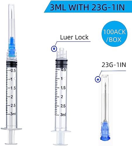 100 Pack Disposable 3ml/cc Lab Syringes with 23Ga 1 Inch Needle Luer Lock, Individually Sealed Packed