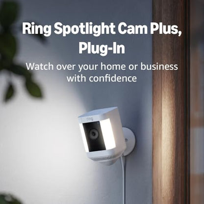 Like-New Ring Spotlight Cam Plus, Plug-In | Home or business security with HD video, Two-Way Talk, Color Night Vision, and Security Siren (2022 release) - White