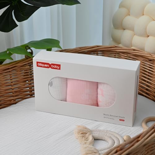 Gllquen Baby Muslin Bassinet Sheets 3 Pack, Breathable Elastic Cozy Fitted Cotton Bassinet Mattress Sheet for Baby Boy Girls, Fit for Hourglass Oval Rectangular Cradle Pad Sheets 33"x17" (Pink)