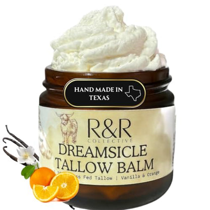 R&R Collective Whipped Tallow Balm (Dreamsicle) - 100% Grass Fed Beef Tallow for Skin Care- 100% Natural Handmade Whipped Orange & Vanilla Tallow Balm for Sensitive Skin- 2 FL. oz.