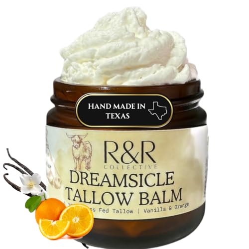 R&R Collective Whipped Tallow Balm (Dreamsicle) - 100% Grass Fed Beef Tallow for Skin Care- 100% Natural Handmade Whipped Orange & Vanilla Tallow Balm for Sensitive Skin- 2 FL. oz.