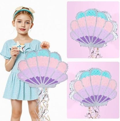 Wernnsai Mermaid Seashell Piñata - Pink Shellfish Pinatas for Kids Girls Birthday Mermaid Princess Party Decorations Under The Sea Ocean Theme Party Games With Bat Blindfold 16“ x 12.5" x 3"