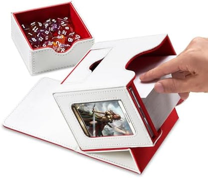 Card Deck Box for MTG Commander - Patented Design, Commander Display, Fits 100 Double-Sleeved Cards, 35pt Card Brick & Dice Tray - White/Red