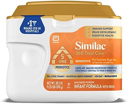 Similac 360 Total Care Sensitive Infant Formula for Fussiness & Gas Due to Lactose Sensitivity, Has 5 HMO Prebiotics, Non-GMO, Baby Formula Powder, 20.1-oz Tub