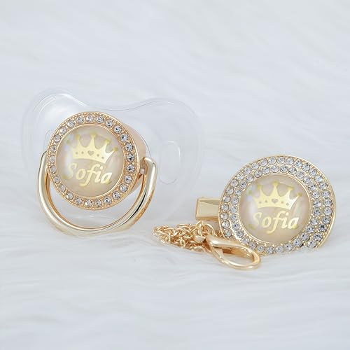 Personalized Any Name Bling Gold Silver Pacifier and Clip Set 18 Colors BPA Free Safe Unique Design Luxurious Dummy Ideal Gift for Baby Show New Born