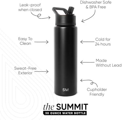 Simple Modern Water Bottle with Straw Lid | Vacuum Insulated Stainless Steel Metal Thermos | Reusable Leak Proof BPA-Free Flask for Sports Gym | Summit Collection | 30oz, Midnight Black