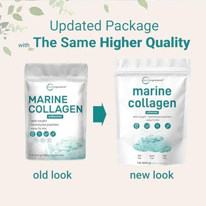 Micro Ingredients Marine Collagen Peptides Powder, 1 lb | Type I Marine Collagen + Natural Protein | Wild-Caught Fish Source | Unflavored | Supports Hair, Skin & Joint Health | Pescatarian, Non-GMO