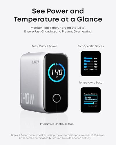 Anker Laptop Charger, 140W MAX USB C Charger, 4-Port Multi-Device Fast Charging, Advanced GaN Power Adapter, Intuitive Touch Controls, for MacBook, iPhone 16 Series, Samsung Galaxy, Pixel, and More