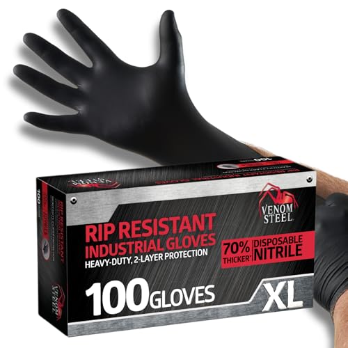 Venom Steel Industrial Nitrile Gloves, Chemical Resistant Disposable Black Gloves, Latex-Free, Powder-Free, Textured Grip, Heavy Duty Two-Layer Protection, 6 mil, XL, 100 Count