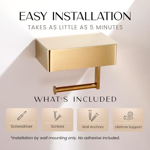 Day Moon™ Brushed Gold Toilet Paper Holder with Shelf, Wipe Holder for Bathroom Flushable Wipes Dispenser, Toilet Paper and Wipes Holder, Toilet Paper Holder with Storage