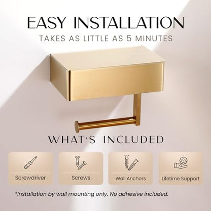 Day Moon™ Brushed Gold Toilet Paper Holder with Shelf, Wipe Holder for Bathroom Flushable Wipes Dispenser, Toilet Paper and Wipes Holder, Toilet Paper Holder with Storage