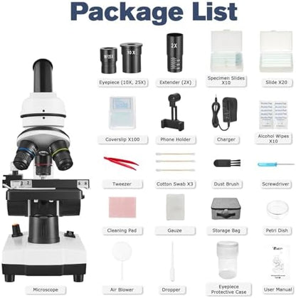 Microscope for Adults Kids Students, 40X-2000X Microscope for Beginners, Biological Microscope Kit with Phone Holder, 10pcs Specimen Slides, 20 Pcs Slides & 100pcs Coverslips, Storage Bag