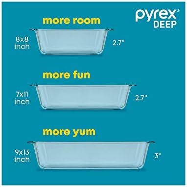 Pyrex Deep 3-Pack Glass Baking Dish Set (9"x13", 7"x11", 8"x8") With BPA-Free Lids, Rectangular Glass Bakeware, Dishwasher, Microwave, Freezer & Pre-Heated Oven Safe