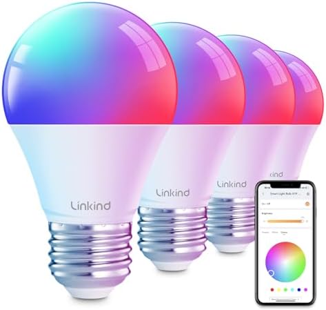 Linkind Smart Light Bulbs, Smart Bulb That Work with Alexa & Google Home, LED Light Bulbs Color Changing, 104 Preset Scene, Music Sync, A19 E26 2.4GHz RGBTW WiFi Bluetooth Light Bulb 60W, 800LM, 4Pack