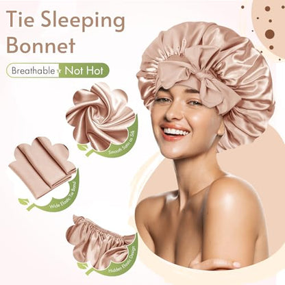 BONNET QUEEN 2Pcs Pack Silk Bonnet for Sleeping Satin Bonnet Hair Bonnet with Tie Band Sleep Bonnet Men Bonnet for Women Curly Hair Brown Champagne