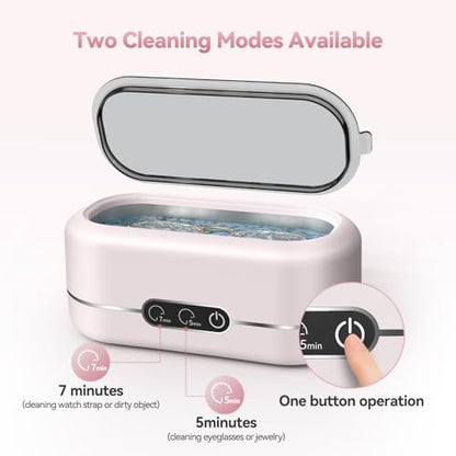 Ultrasonic Jewelry Cleaner, Upgraded 48KHz Ultrasonic Cleaner Machine with 304 Stainless Steel for Jewelry, Eyeglasses, Rings, Dentures, Watch Strap（Pink）