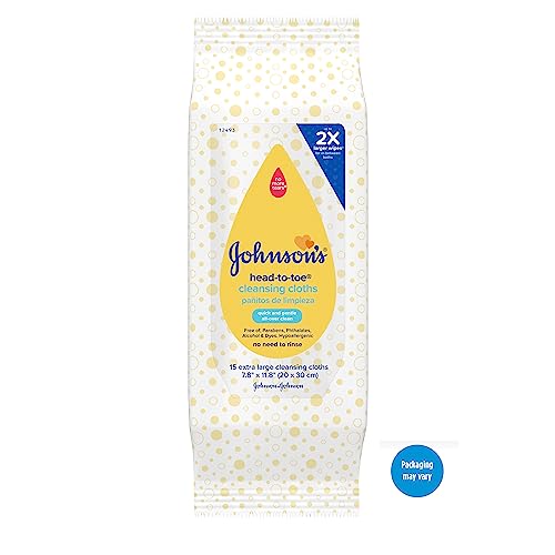 Johnson's Baby Head-to-Toe Gentle Baby Cleansing Cloths, Hypoallergenic and Pre-Moistened Baby Bath Wipes, Free of Parabens, Phthalates, Alcohol, Dyes and Soap, 15 ct (Pack of 4)