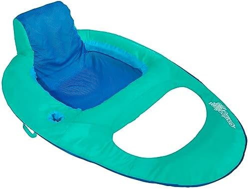 SwimWays Spring Float Recliner Chair for Swimming Pool, Inflatable Pool Floats Adult with Fast Inflation, Cup Holder & Foot Rest for Ages 15 & Up, Aqua