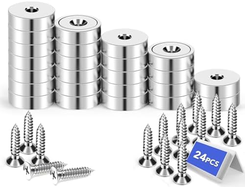 LOVIMAG 30LBS Neodymium Magnets, 24Pack Round Strong Rare Earth Magnets with Screws for Tool Room, Science and Wall Mounting-0.78 * 0.2 inch
