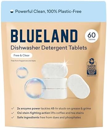 BLUELAND 100% Plastic-Free Dishwasher Detergent Tablets, 60 Count, Free & Clear, Eco-Friendly Dishwashing Pods, Natural, Sustainable