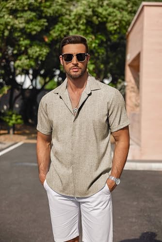 COOFANDY Men's Linen Shirts Short Sleeve Casual Shirts Button Down Shirt for Men Beach Summer Wedding Shirt