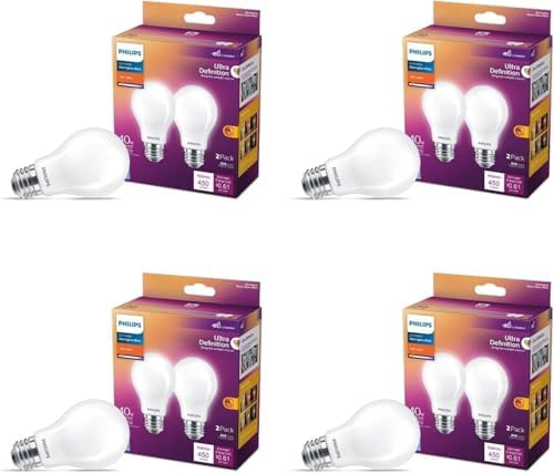 Philips LED 60W A19 8-Pack Ultra Definition (2700K) 800 Lumen (8W = 60W) Dimmable Frosted Flicker-Free Light Bulbs
