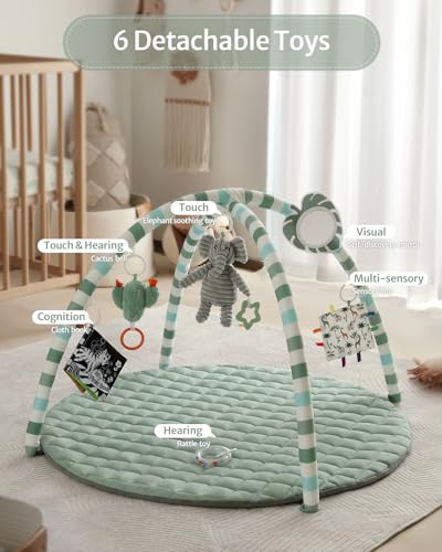 Blissful Diary Baby Play Gym Mat, Tummy Time Mat with 6 Detachable Toys for Stage-Based Sensory & Motor Skill Development, Baby Activity Mat Easy to Install & Clean, Baby Essentials Gift, Sage Green