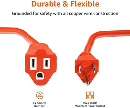 Amazon Basics 50 foot 3-Prong Vinyl Indoor/Outdoor Extension Cord - 13 Amps, 1625 Watts, 125 VAC, Orange