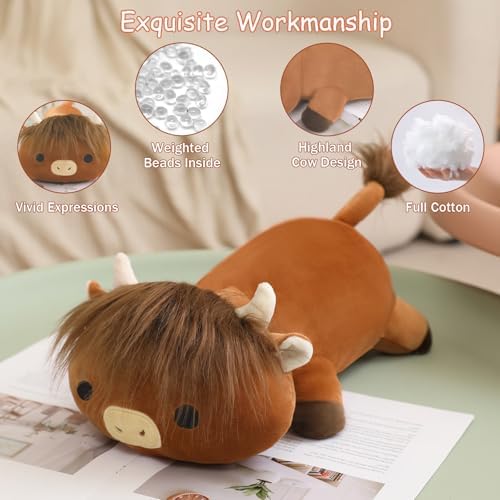SQEQE Weighted Highland Cow Plush, Weighted Highland Cow Stuffed Animal, Cute Cow Plushies Soft Pillow Toy Gift for Kids Adults 13.8 Inch, 1.6 Lbs