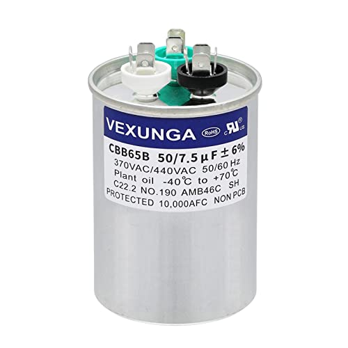 50/7.5 uF 50+7.5 MFD 370V or 440V Dual Run Start Round A/C Capacitor CBB65 CBB65B Air Conditioner Capacitors for AC Unit Fan Motor Start or Heat Pump or Condenser Straight Cool