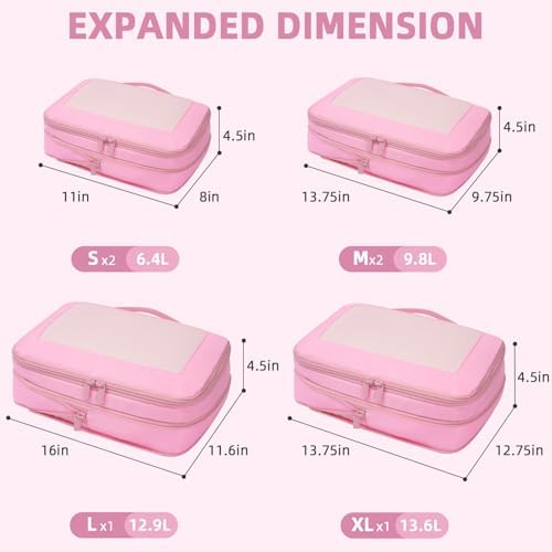 BAGAIL 4 Set/6 Set/8 Set Compression Packing Cubes Travel Accessories Expandable Packing Organizers (Square Mesh, 06-Pink)