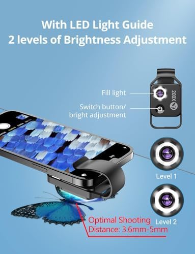 200X Phone Mini Pocket Microscope with LED Light/Universal Clip, Nano Zoom Portable Digital Microscope Camera Attachments for 99% Smartphone, Microworld for Kids Adults(Black 200X with CPL)