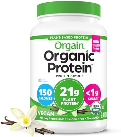 Orgain Organic Vegan Protein Powder, Vanilla Bean - 21g Plant Protein, 4g Prebiotic Fiber, No Lactose Ingredients, No Added Sugar, Non-GMO, For Shakes & Smoothies, 2.03 lb (Packaging May Vary)