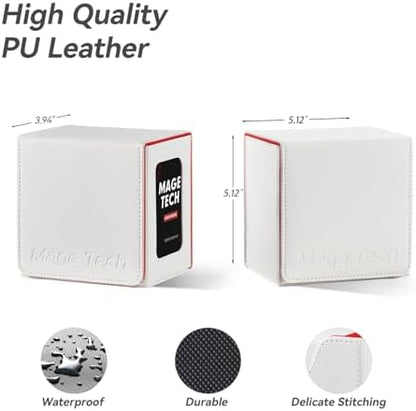 Card Deck Box for MTG Commander - Patented Design, Commander Display, Fits 100 Double-Sleeved Cards, 35pt Card Brick & Dice Tray - White/Red