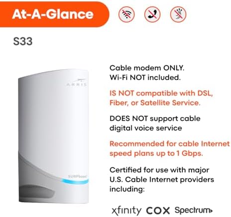 ARRIS (S33) - Cable Modem - Fast DOCSIS 3.1 Multi-Gigabit Cable Modem For Comcast Xfinity, Cox, Spectrum & More 1 & 2.5 Gbps Ports 2.5 Gbps Max Internet Speeds 2 Year Warranty - (No Built-in Wifi)