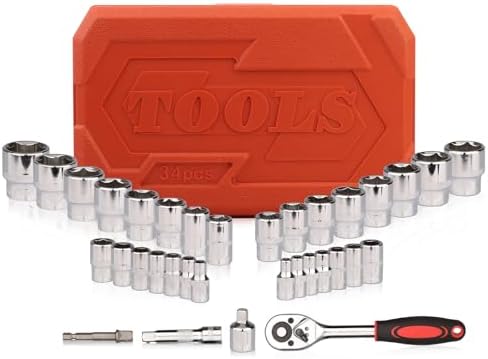 Egofine 34 Pieces 3/8 inch Drive Socket Ratchet Wrench Set, with Socket Set Metric/SAE and Extension Bar for Auto Repairing and Household, with Storage Case