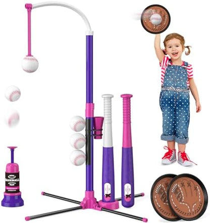 4 in 1 T Ball Sets for Kids 3-5 with Toss and Catch Ball Set, Hanging Tee Stand with Auto Pitching Machine/ 2 Bats, Indoor Outdoor Toys Baseball Gifts for Toddler Boys Girls, Purple