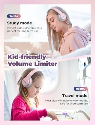 iClever HS19 Kids Headphones with Microphone for School, Safe Volume Limited, Over-Ear Girls Boys Headphones for Kids with Shareport, Foldable Wired for iPad/Travel (Pink)