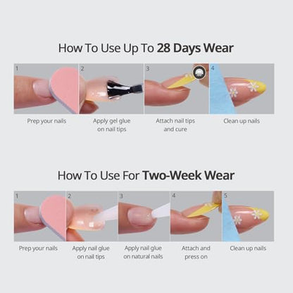 BTArtbox Press On Nails Short - Lamp-Curable Sparkly Almond Press On Nails with Glue for Women, Semi-Transparent Soft Gel Glue On Nails in 16 Sizes - 32 Stick On Nails Kit, Citrine Glow