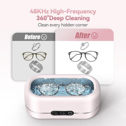 Ultrasonic Jewelry Cleaner, Upgraded 48KHz Ultrasonic Cleaner Machine with 304 Stainless Steel for Jewelry, Eyeglasses, Rings, Dentures, Watch Strap（Pink）