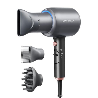 Wavytalk Blow Dryer, Blown Away Ionic Hair Dryer for Curly Hair with Diffuser, 1875W Fast Drying Blow Dryer with Ceramic Technology, 3 Attachments for All Hair Types, Light and Quiet, Grey