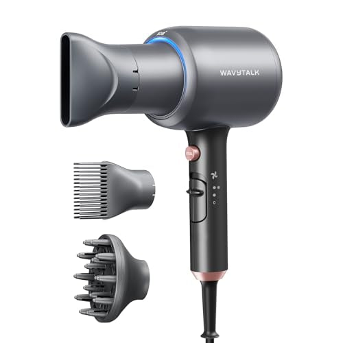 Wavytalk Blow Dryer, Blown Away Ionic Hair Dryer for Curly Hair with Diffuser, 1875W Fast Drying Blow Dryer with Ceramic Technology, 3 Attachments for All Hair Types, Light and Quiet, Grey