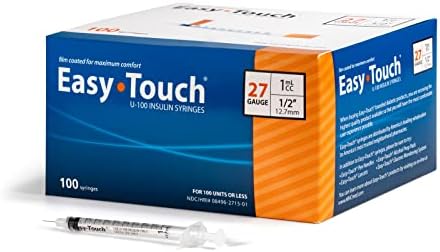 Easy Touch U-100 Insulin Syringe with Needle, 27G 1cc 1/2-Inch (12.7mm), Box of 100