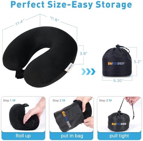 SAIREIDER Neck Pillows for Travel 100% Memory Foam Adjustable Travel Pillows with Storage Bag, Sleep Mask and Earplugs-Prevent The Heads from Falling Forward (Black)