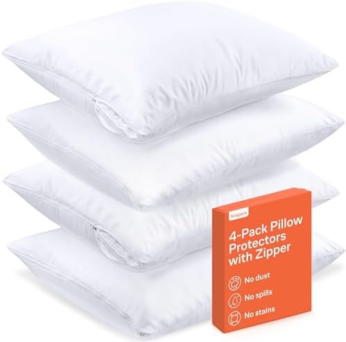 Ultra Soft Pillow Protectors with Zipper King Size - Set of 4 Breathable Pillow Covers - 100% Protection Against Stains, Dust & Dirt - Machine Washable (White)