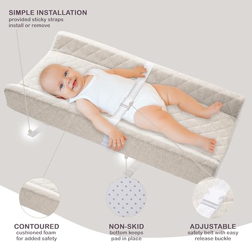 Organic Cotton Contoured Baby Changing Pad w/Waterproof Foam Mattress, Includes Soft, Removable & Washable Cover, Safety Strap, Non-Slip Bottom, Topper for Standard Size Infant Diaper Table & Dresser
