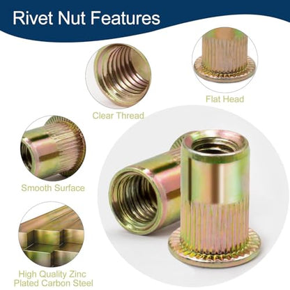 Metric & SAE Rivet Nut Assortment Kit(420 Pcs),m3 m4 m5 m6 m8 m10 m12#6-32#8-32#10-24 1/4"-20 5/16"-18 3/8"-16 UNC Flat Head Rivnut Set,Zinc Plated Finish Carbon Steel Nutsert