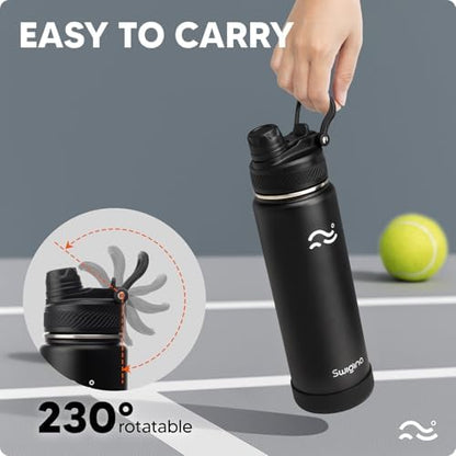 [2-IN-1 LID] Insulated Water Bottle with Silicone Boot (36hrs Cold/18hrs Hot) - DIY Stickers, Leakproof, BPA Free, Black, 24 oz