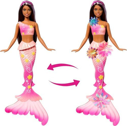 Barbie Mermaid Toy Dolls with Surprise Magic Blooming Flowers Feature, Ombre Tails, Pearl Headband Accessory & Long Brown Hair with Purple Highlights